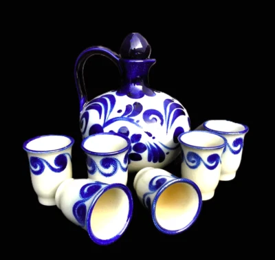 Karaffe und 6 Becher Keramik Goebel Merkelbach Salzglasur Schnaps Likör Set alt - Bild 1 von 4