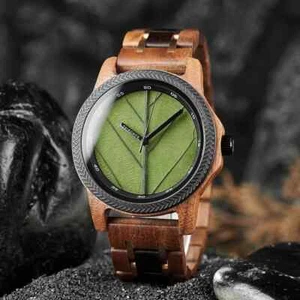BOBO BIRD Men's Watches Unique Leaf Dial Design Wooden Wristwatch Quartz Watch - Picture 1 of 5