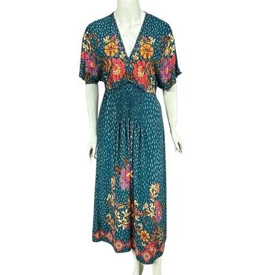 Anthropologie Blank London Dress Womens OS Teal Tatiana Floral Midi Kimono Boho - Image 1 of 4