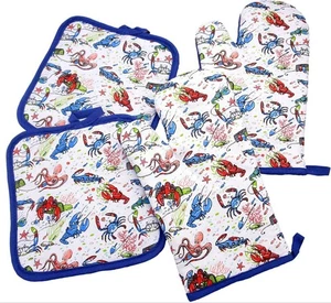4pc. Kitchen Printed Set: 2 Oven Mitts & 2 Potholders, COLORFUL CRABS & LOBSTERS - Picture 1 of 24
