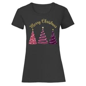 Frohe Weihnachten Glitzer Weihnachtsbäume Damen T-Shirt Urlaub Festzeit - Bild 1 von 18