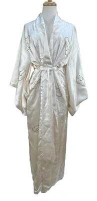 Винтажный шелк кремовый цвет кимоно халат с ремнем в дракон золотой вышивки - Изображение 1 из 4