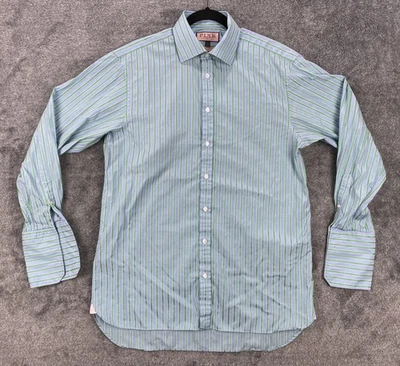 Thomas Pink Shirt Mens 16 34.5 Blue Green Striped Classic French Cuff Cotton - Image 1 of 4