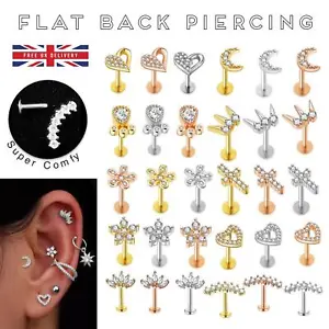 Labret Piercing Ear Ring Surgical Steel 6 8mm Stud Crystal Flat Back Tragus 316L - Picture 1 of 72