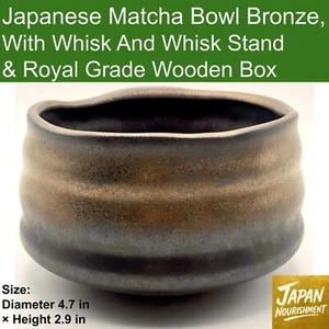 Japanese Matcha Bowl Bronze With Whisk And Whisk Stand & Royal Grade Wooden Box - Picture 1 of 24