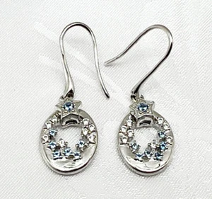 Star Oval Crystal  Earrings 925 Sterling Silver Drops, Blue and Clear Dangles - Picture 1 of 8