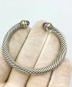 David Yurman Amethyst Sterling Silver 14k Yellow Gold Cable Bangle Bracelet - Picture 1 of 7