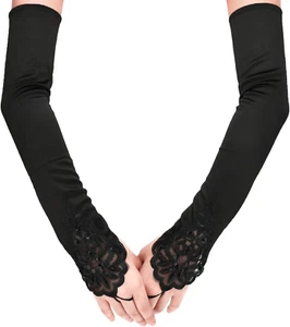 Fingerless Long Satin Gloves - 19 Inches Elbow Length Stretchy Opera Evening Par - Picture 1 of 6