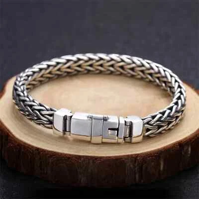 Solid 925 Sterling Silver Chain Men Foxtail Wheat Braided Bracelet 52g/7.8inch - Image 1 of 4