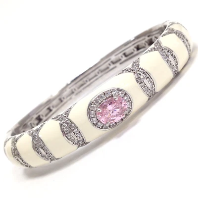 Brazalete Brazalete H Corazón Plata Esterlina Rosa Circonita Esmalte Blanco Bisagras 7" 41g Foto 1 de 4