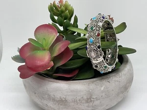 Sterling Silver Marcasite Bracelet - Wide Colors Ornate Filigree Hinged Bangle - Picture 1 of 6