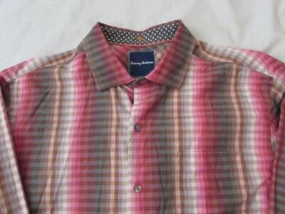 TOMMY BAHAMA Hombres Lrg Marrón Rosa Cuadros L/S Algodón Vestido Camisa Cuello Extendido Foto 1 de 3