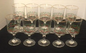 Set of 10 VTG Arby's Christmas Holly Berry Swirloptic Wine Glasses Water Goblets - Picture 1 of 7