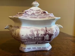 Antique T J & J Mayer Longport Abbey Ruins Mulberry Sugar Bowl w Lid c1836-1838 - Picture 1 of 10