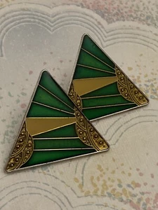 Pierre Bex Style Earrings Gold & Green Art Deco Triangle Studs 3cm x 3cm - Picture 1 of 3