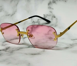 Sunglasses Women Men Vintage Gold Rectangular Frame Retro Frameless Pink Lens - Picture 1 of 3