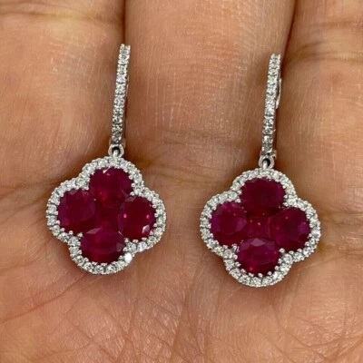 Lab Created Ruby 3Ct Oval Cut Flower Drop/Dangle Earrings 14K White Gold Plated - Image 1 of 4