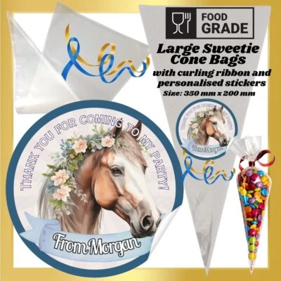 Horse & Pony Sweetie Cone Bags & Personalised Stickers Sweets Candy Bag Party - Image 1 of 4