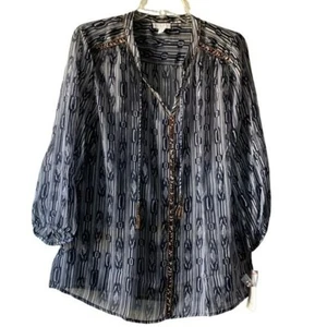 Charter Club Top Medium Long Sleeve Sheer Pullover Blouse Navy Gray Print Size M - Picture 1 of 6