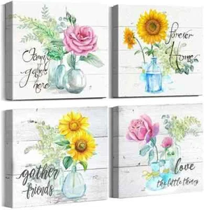 Set of 4 12"x12" Canvas Wall Art Bedroom Bathroom Decor Rose Sunflower Artwork - Picture 1 of 5