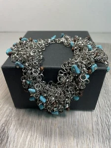 Daisy Fuentes Silver Links Bracelet Turquoise Colored Chips Brown Beads 8” - Picture 1 of 9