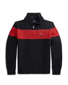 New Polo Ralph Lauren Boys’ Cotton 1/4 Zip Colorblock Black Sweater - M (10-12) - Picture 1 of 7