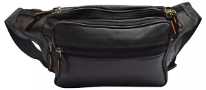 Genuine Leather Fanny Pack Multi Zippered Waist Bag Hip Belt Purse Black Pouch - Picture 1 of 6