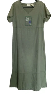 Vtg 90s Erika Collection Olive Linen Cotton  Blend Jumper Dress Large Embroidere - Picture 1 of 5