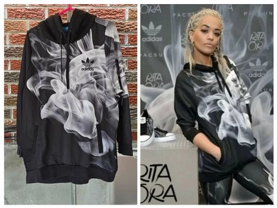Adidas Originals x Rita Ora Smoke Print Oversized Hoodie Black White SZ L Rare - Image 1 of 4