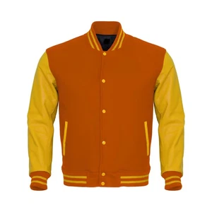 Wool Orange Body Yellow Leather Sleeve Varsity Jacket Men Size L - Picture 1 of 5
