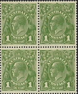 1931 Australia George V MNH One Penny Block Crown C of A WMKs Green Stamps issue - Foto 1 di 3