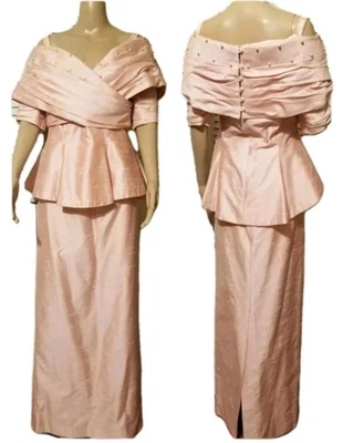 Conjunto de Vestido Formal Vintage Watters & Watters Talla 12 Con Cuentas Acanalado Rosa Pálido Foto 1 de 4