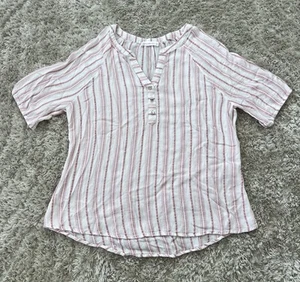 Retrology Blouse Women's Large V-Neck Popover Half Sleeve Striped White Pink NEW - Picture 1 of 7