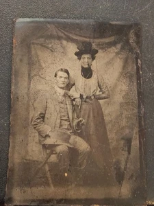 OLDER COUPLE WOMAN TOUCHING MANS SHOULDER MAN HAT IN HAND & CANE TINTED TINTYPE - Picture 1 of 5