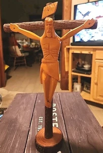 Hand Carved Wood Table Crucifix Primitive Rustic Jesus Cross Folk Art Figurine - Picture 1 of 13