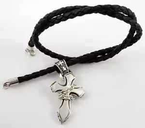 CROSS 925 STERLING SILVER PENDANT GENUINE LEATHER MENS CHAIN NECKLACE BIKER NEW - Picture 1 of 1