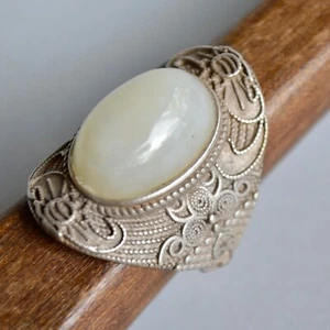 *Antique Vintage Hetian Jade Sterling Silver Adjustable Ring SIZE 10.25 - Picture 1 of 6