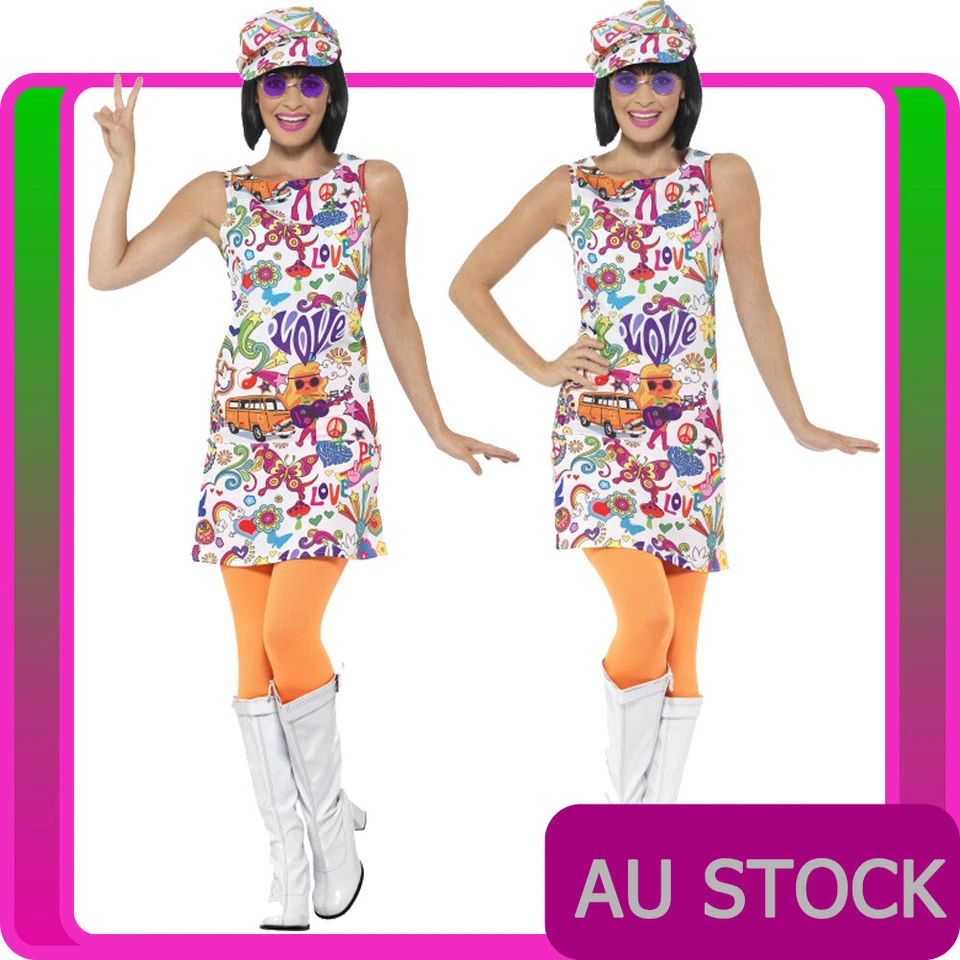 Damas 60s Hippie Chick Disfraz Años 70 Disco Retro Groovy Go Go Baile Fiesta Vestido Foto 1 de 4