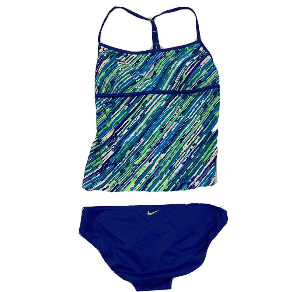 Nike Tankini Traje de Baño Top Bikini Parte Inferior Conjunto Talla 12 Azul Verde Estampado Nylon Foto 1 de 4