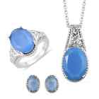Natural Blue Onyx Ring Size 8 Stud Earrings Pendant Necklace Jewelry Set Ct 10.6