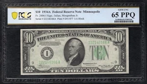 FR. 2006-I 1934-A $10 FRN MINNEAPOLIS, MN PCGS BANKNOTE GEM UNCIRCULATED-65PPQ - Picture 1 of 2