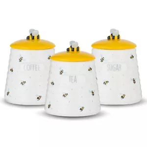 Set of 3 Sweet Bee Ceramic Coffee Tea Sugar Canisters Container Kitchen Jar Pots - Picture 1 of 8