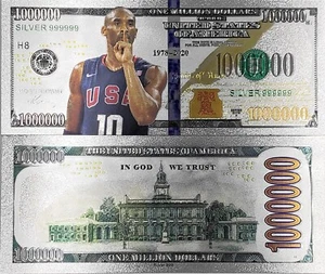 KOBE BRYANT Limitowana edycja Posrebrzany banknot kolekcjonerski PVC 1 000 000 USD - Zdjęcie 1 z 15