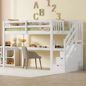 Hochbett 90x200 cm mit Schreibtisch und Stauraumtreppe Kinderbett Jugendbett - Bild 1 von 11