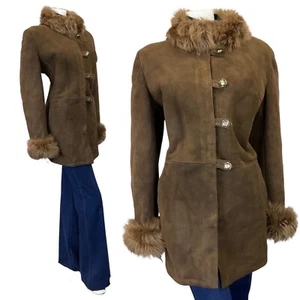VINTAGE 60s 70s DARK BROWN SUEDE LEATHER BOHO MOD SHEARLING SHORT COAT 14 - Picture 1 of 6