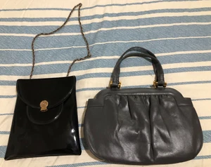 Lot Of 2 Vintage Purses Crown Lewis 1960s 1970s Black Patent Gray Leather Nice - Picture 1 of 14