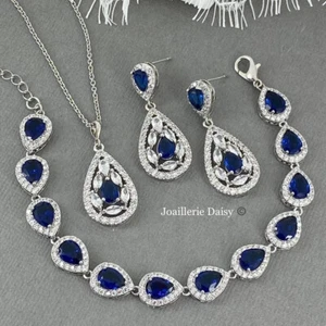 Pulsera collar lágrima zafiro joyería llamativa circonita nupcial algo azul - Imagen 1 de 7