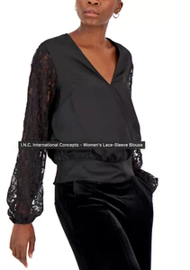 Inc Satin Faux Wrap Lace Sleeves Surplice Blouse Women L Black Chic Modern Event - Picture 1 of 12