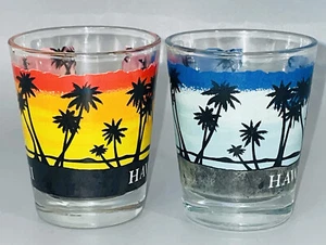 Set of 2 Shot Glasses Hawaii Souvenir Hawaiian Sunset Palm Trees Blue & Orange - Picture 1 of 11