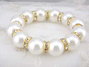 8/10/12mm White Shell Pearl Gold Crystal Rhinestone Beads Stretch Bracelet 7.5''